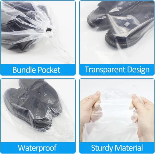 Vista 3 de Paquete de 100 bolsas transparentes para zapatos de 10 x 14 pulgadas para viajes, bolsas organizadoras de almacenamiento de zapatos con cuerdas