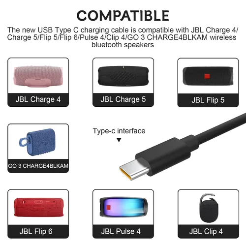 Vista 2 de Cable de carga USB C compatible con JBL Charge 4, Charge 5, Charge 6, Clip 4, Clip 5, Flip 5, Flip 6, GO 3, GO 4, Pulse 4, Pulse 5, Xtreme 3, Xtreme