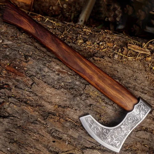 Vista 5 de Hacha vikinga barbuda con vaina, cabeza de hacha barbuda de damasco de 19.5 pulgadas con mango de madera de rosa duradera, el mejor regalo vikingo