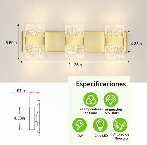 Vista 7 de Lámpara de Tocador para Baño, Moderna Lámpara LED de Tocador Dorado Cepillado, Aplique de Pared LED Regulable de 19W para Baño, Dormitorio, Perfecta
