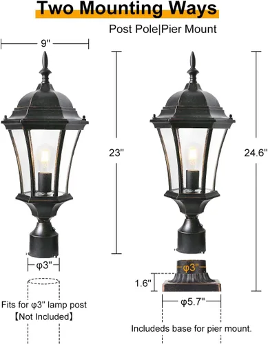 Vista 9 de Luces de poste para exteriores de 24 pulgadas con sensor de anochecer a amanecer, farol de aluminio grande para montaje en muelle de poste de poste