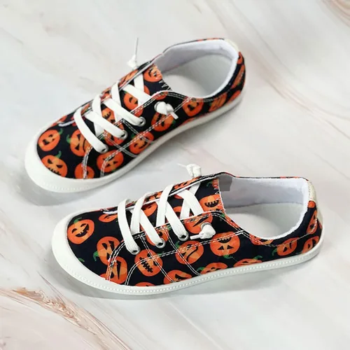 Vista 3 de Zapatos de lona para mujer, con estampado de calabaza y fantasma, zapatos deportivos planos para mujer, zapatos transpirables para mujer