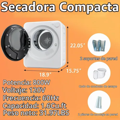 Vista 2 de Secadora de ropa portátil de 1.5 pies cúbicos, secadora de lavandería de carga frontal de secado rápido de 800W con 5 modos, mini secadora eléctrica