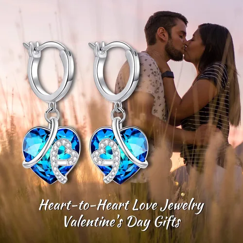 Vista 4 de AOBOCO Aretes colgantes de cristal de corazón, aretes de aro de plata de ley para mujer, nudo de amor, regalos de joyería para ella, Cristal