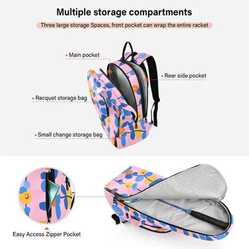 Vista 5 de Mochila de tenis para adultos, transpirable, flores azules y naranjas, rosa, 2 raquetas, bolsa con almohadilla protectora para mujeres, hombres