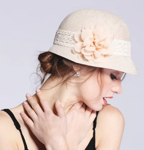 Vista 3 de Gorro de lino estilo Gatsby, con lazo y flor para mujer