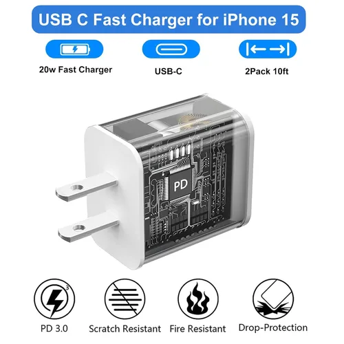 Vista 4 de Cargador rápido para iPhone, [certificado MFi] 2 paquetes de 20 W de doble puerto PD/QC3.0 USB C cargador de pared con cable USB C a Lightning de 6