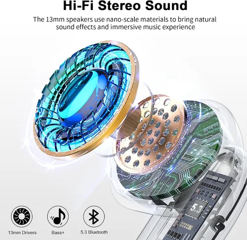 Vista 2 de Auriculares inalámbricos, Bluetooth de 5.4 pulgadas con 4 micrófonos ENC con cancelación de ruido, auriculares de 48 horas con graves profundos