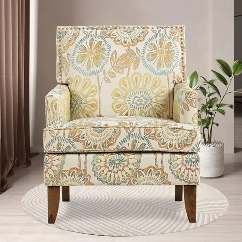 Vista 3 de Sofá con acento floral, silla con respaldo alado, cómoda silla de club, silla individual tapizada con brazos de lectura para sala de estar