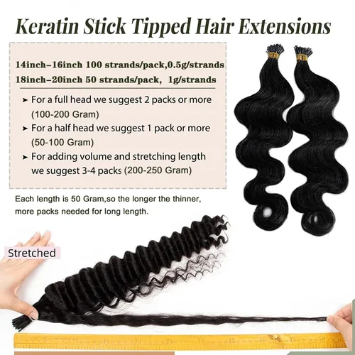 Vista 4 de Extensiones de cabello humano ondulado con punta I para mujer, extensiones de cabello Remy con punta de palo de fusión fría, pegamento de queratina