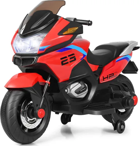 Vista 10 de HONEY JOY Motocicleta para niños de 12 V, vehículo eléctrico a batería para niños, ruedas de entrenamiento, luces LED, pedal de pie, suspensión