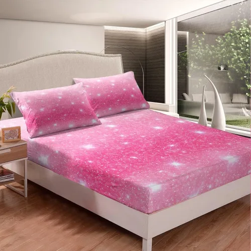 Vista 2 de jejeloiu Juego de sábanas de 3 piezas con purpurina rosa pastel para niñas y mujeres, sábana bajera ajustable con purpurina espacial