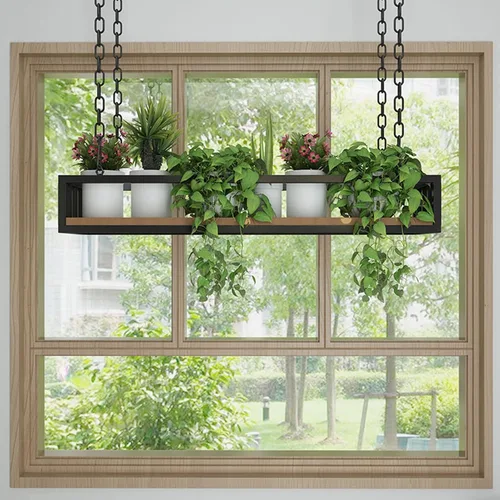 Vista 5 de Percha de hierro negro de estilo industrial, estante de madera, soporte de flores, estantes para colgar en la pared, marco rectangular decorativo