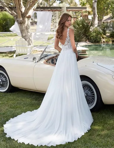 Vista 2 de Vestido de novia de gasa de playa, vestidos de novia de encaje, vestidos largos de novia con cuello en V, vestidos de novia para novia