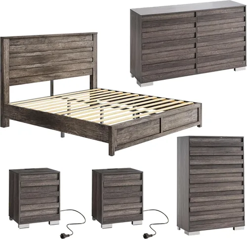 Vista 17 de Juego de 5 piezas para dormitorio de granja, incluye marco de cama tamaño Queen con cabecera alta, cómoda rústica de 6 cajones, cómoda alta de 5