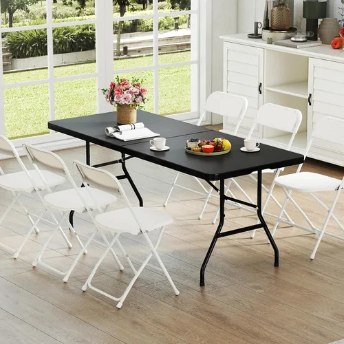 Vista 9 de GYMAX Mesa plegable de 6 pies, mesa de campamento portátil ligera con asa de transporte, fácil de plegar rectangular para interiores y exteriores