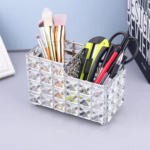 Vista 3 de K COOL Soporte para brochas de maquillaje de cristal, 2 ranuras hexagonales para cosméticos, delineador de ojos, taza de exhibición, organizador