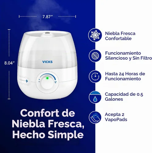 Vista 2 de Vicks Mini humidificador de vapor refrescante sin filtro, para habitación pequeña – Control de niebla variable – Funciona con Vicks VapoPads
