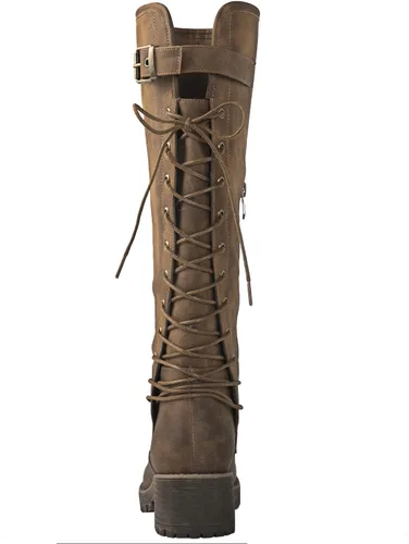Vista 5 de GLOBALWIN - Botas de combate de equitación altas con cordones para mujer, cómodas botas góticas de motocicleta para mujer con cremallera y tacón