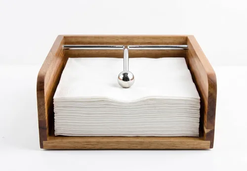 Vista 10 de Servilletero de papel de cóctel, soporte plano, servilleta decorativa para bebidas con barra central de metal sofisticada, madera maciza con grano