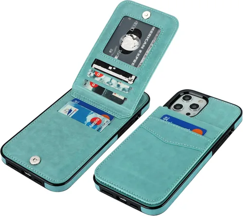 Vista 10 de KIHUWEY - Funda tipo cartera para iPhone 12 Pro Max, soporte para tarjetas, color negro Ranuras para tarjetas de crédito, piel sintética, cierre