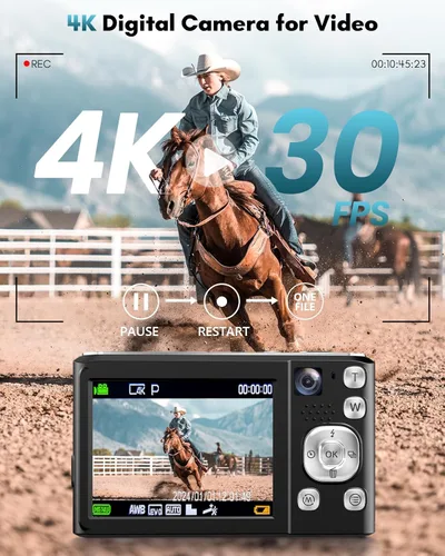 Vista 3 de Cámara digital 4K, cámaras de enfoque automático de 48 MP para fotografía, cámara compacta de vlogging con cámara frontal y trasera, cámaras de Negro