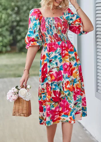 Vista 7 de PRETTYGARDEN - Vestidos informales de verano y primavera para mujer, manga abombada, cuello cuadrado, acampanados, bohemios, florales, fruncidos