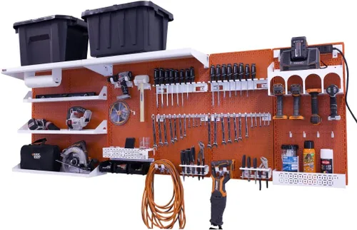 Vista 25 de OmniWall Weekend Warrior Ultimate Tool Kit - Sistema de Almacenamiento de Pared de Tablero de Clavos de Metal de 96" x 32" Negro/Naranja