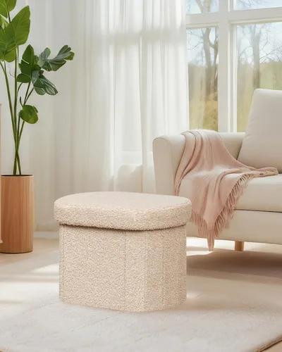 Vista 9 de B FSOBEIIALEO Otomana de Almacenamiento para Dormitorio, Reposapiés Otomano Plegable de Almacenamiento Boucle, Cubo Otomano Plegable Pequeño de Beige