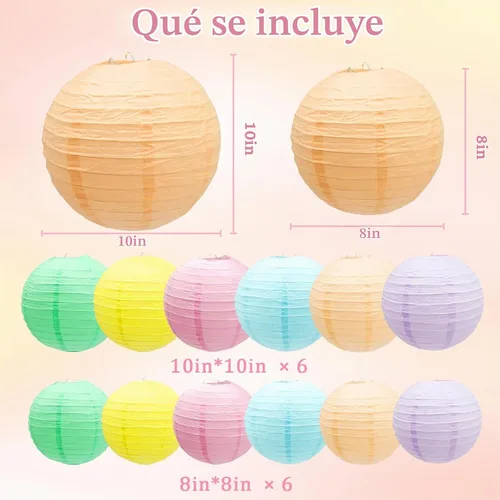 Vista 6 de 12 linternas de papel de colores pastel para colgar, linternas de papel