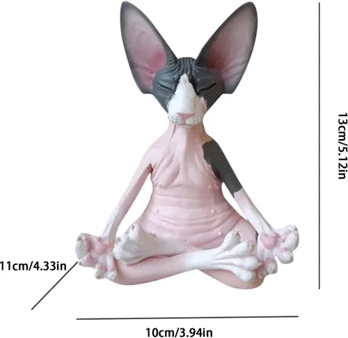 Vista 2 de Estatua de gato meditante de resina de 5.1 in, figura de gato sin pelo, escultura de animales de gato, escultura de animales de gato, medita