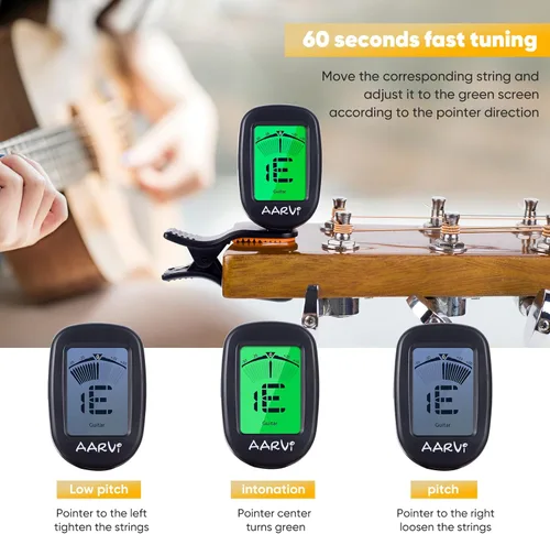 Vista 4 de AARVI Afinador de guitarra con clip para todos los instrumentos, guitarra acústica/eléctrica, ukelele, bajo, violín, banjo, pantalla LCD grande