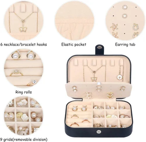 Vista 4 de Joyero de viaje, pequeñas cajas organizadoras de joyas para mujeres y niñas, estuche de joyería de viaje de 2 capas, mini soporte portátil