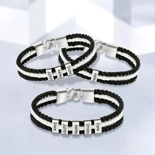 Vista 4 de Pulseras de cuero personalizadas para hombre con 1-6 nombres, pulsera trenzada personalizada con cuentas para papá, marido, día del padre, San