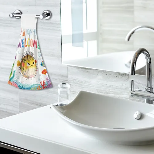Vista 7 de Toallas colgantes para cocina con punta de dedo para baño, bienvenida, pescado, japonés, retro, impreso, bienvenida, lápiz de pescado