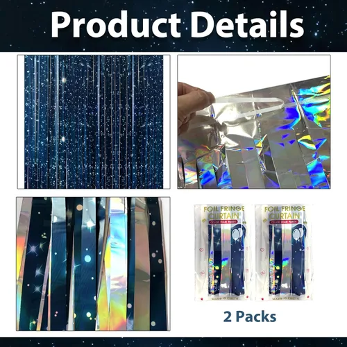 Vista 3 de OQOQ Telón de fondo de cortina de aluminio de galaxia (2 paquetes), 3.3 x 6.6 pies, telón de fondo de noche estrellada para decoración de fiesta