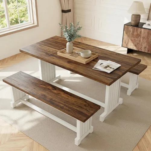 Vista 3 de Tribesigns Juego de mesa de comedor de 47 pulgadas para 4, mesa de cocina de 3 piezas con 2 bancos, muebles de cena de madera de granja