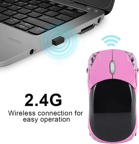 Vista 3 de Lazmin112 Ratón óptico inalámbrico con forma de coche 2.4G, para MacMEWindows PCTablet Gaming Office, 1600DPI, Plug & Play (rosa)