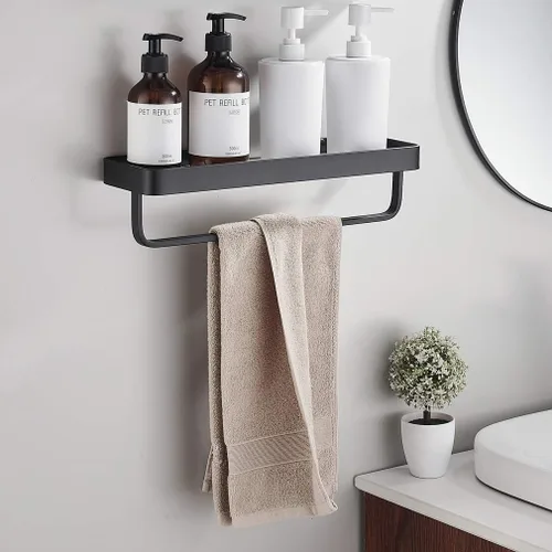 Vista 2 de Estante de vidrio templado para baño de 15.7 pulgadas con toallero, organizador de ducha de aluminio montado en la pared, gabinete de almacenamiento