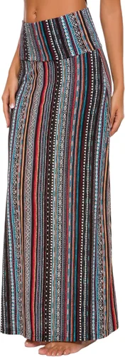 Vista 2 de EXCHIC - Falda larga con estampadosólida de estilo bohemio y cintura elástica