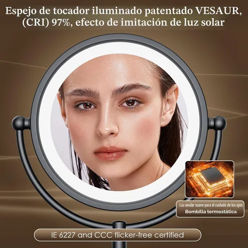 Vista 3 de VESAUR Espejo de Maquillaje Profesional Iluminado de 8.5", 1X/10X de Doble Cara HD Sin Distorsión, Espejo de Aumento con Luces LED Regulables en 3