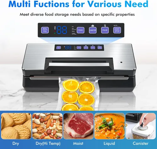 Vista 2 de Sellador al vacío: potente sellador al vacío de 95 kPa para alimentos con almacenamiento de bolsa de corte integrado, temporizador digital de mango