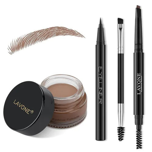 Vista 31 de LAVONE Kit de lápiz de sello para cejas, kit de maquillaje triple con lápiz de ceja impermeable, delineador, pomada de cejas y cepillo de cejas