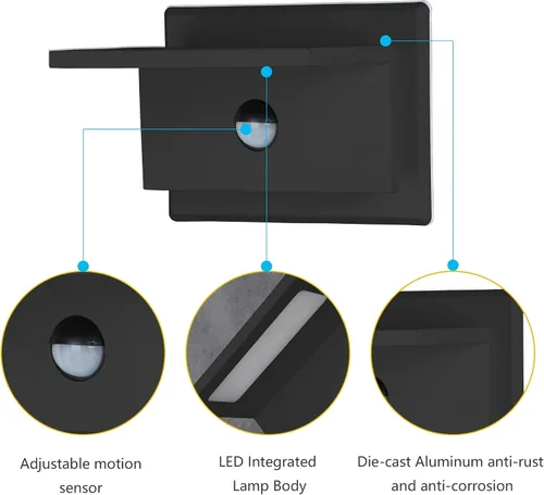 Vista 5 de Lustrlach Aplique de pared con sensor de movimiento para exteriores, luz LED para porche delantero, con cable IP54, impermeable, moderna