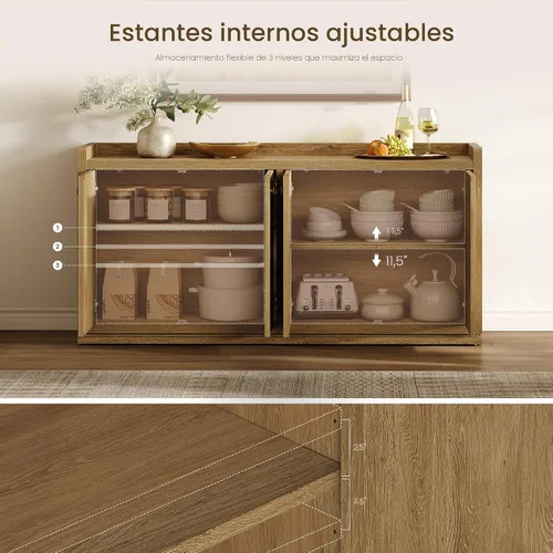 Vista 7 de SICOTAS - Armario buffet de 61.7 pulgadas, aparador de 4 puertas, cocina, sala de estar, roble marrón Geometric Doors & Elegant Gold Handle