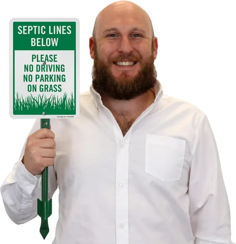 Vista 9 de SmartSign Letrero de patio con texto en inglés "Septic Lines Below - Please No Driving No Parking On Grass" de 10 x 7 pulgadas, kit de estaca de 18