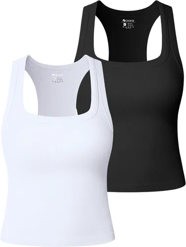Vista 9 de OQQ Camiseta sin mangas para mujer, 2 piezas, acanalada, cuello cuadrado, sin mangas, elástica, casual, para salir