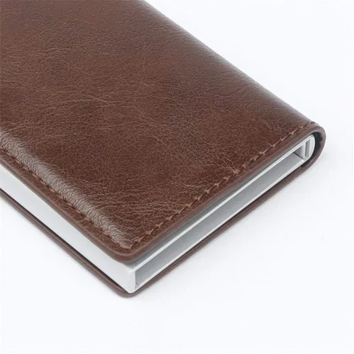 Vista 6 de CHJGLNL Cartera de cuero genuino para hombre, bloqueo RFID, de aluminio, automático, para tarjetas de crédito, café (A-Coffee), Slim