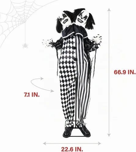 Vista 6 de Haunted Hill Farm - Payaso animatrónico de dos cabezas que habla aterrador de 5.5 pies Life-Size 5.5-Ft Talking Two-Headed Clown, Touch Lights and
