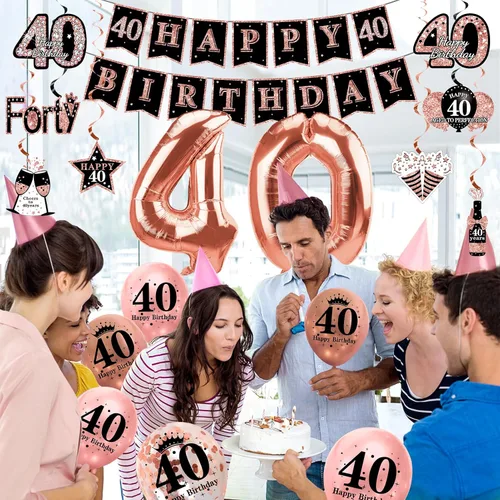 Vista 4 de Turypaty Kit de 34 piezas de decoración de cumpleaños 40 para mujer, globos de feliz cumpleaños de 40 años de oro rosa, centro de mesa, kit